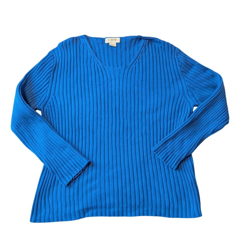 J.Crew Women’s V-Neck Sweater Size Large Bright Blue Ribbed Cotton Long Sleeve